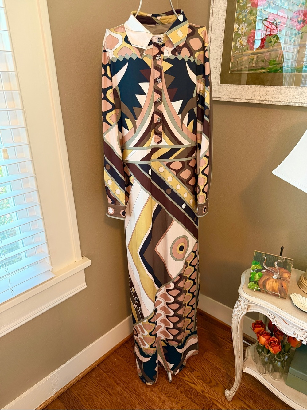 Retro Geometric Print Maxi Dress in Brown, Sage & Cream